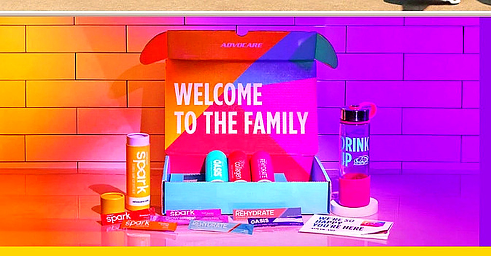 AdvoCare Welcome Box with Spark, Rehydrate, Oasis, Glow Collagen stick packs and shaker bottle