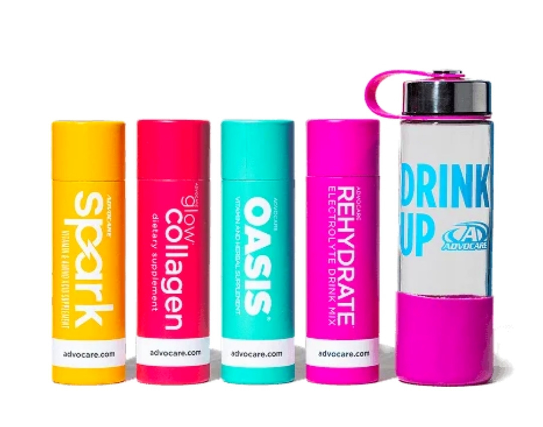 AdvoCare welcome box products: Spark, Glow Collagen, Oasis, Rehydrate and a DRINK UP shaker bottle
